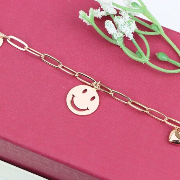 "Rose Gold Smiley Charm Bracelet with Heart Dangles, XPBL1149 - Picture 12 of 12